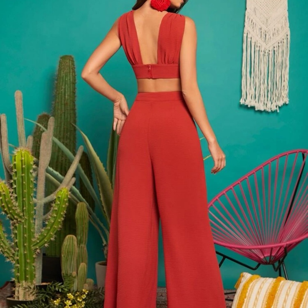 SHEIN Plunging Neck Sleeveless Crop Top & Wide Leg Pants
